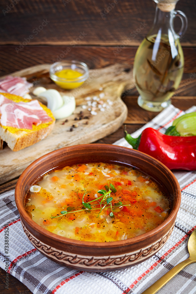 Minestrone soup. Vegetable soup with grilled bread, ham and spices Minestrone soup. Vegetable soup with grilled bread, ham and spices