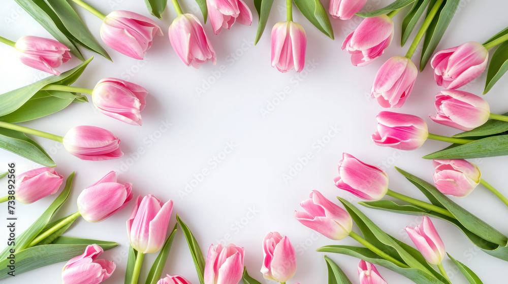 Pink Tulips Arranged in a Circle on a White Background