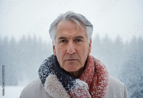 a old man who is wearing a scarf and standing in the snow
