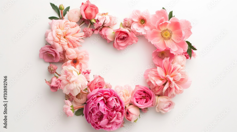 Heart Made of Pink Flowers on a White Background