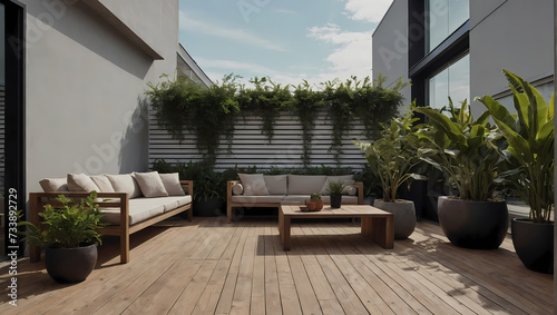 The uncluttered beauty of an empty outdoor terrace, featuring a minimalistic style enhanced by carefully chosen potted plants.