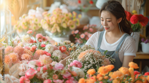 A elegant woman shop owner working with flower. scene is set against Multiply flower showing on background.
