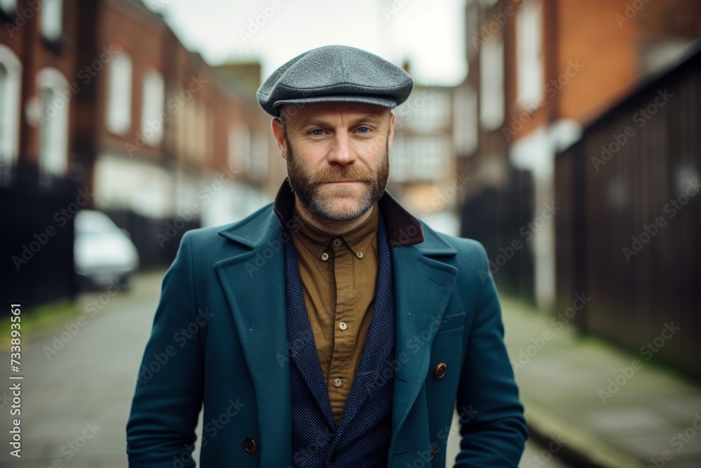 Portrait of a handsome bearded man in a coat and beret