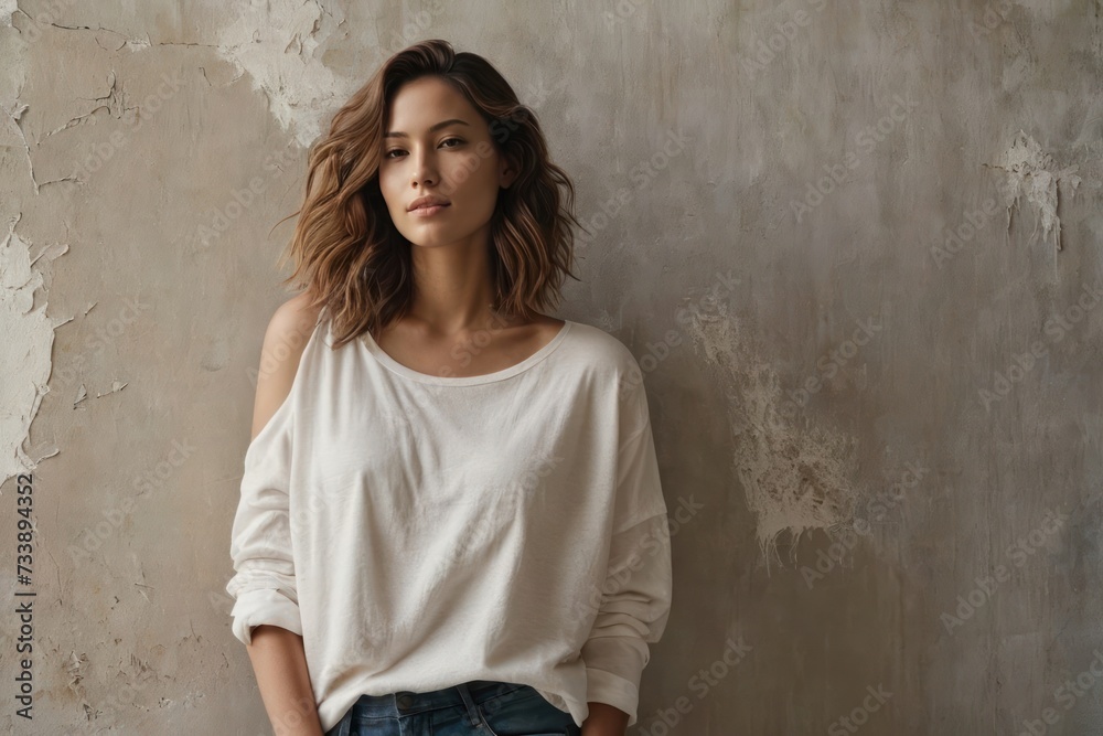 Young pretty woman in white blouse stands and poses near an old shabby wall. Cinematic view. Generative AI Young pretty woman in white blouse stands and poses near an old shabby wall. Cinematic view. Generative AI