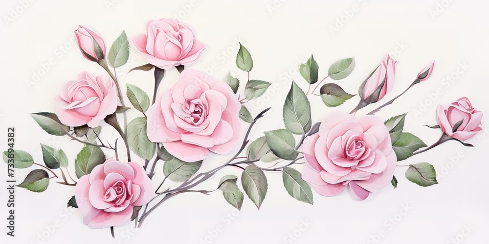 watercolor pink roses on white background