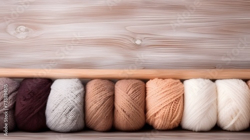 Craft knitting hobby background with yarn in natural colors. Recomforting hobby to reduce stress for cold fall and winter weather. photo