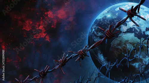 Illustration of a view of the globe from space, wrapped in barbed wire, dark blue background. Space illustration. photo