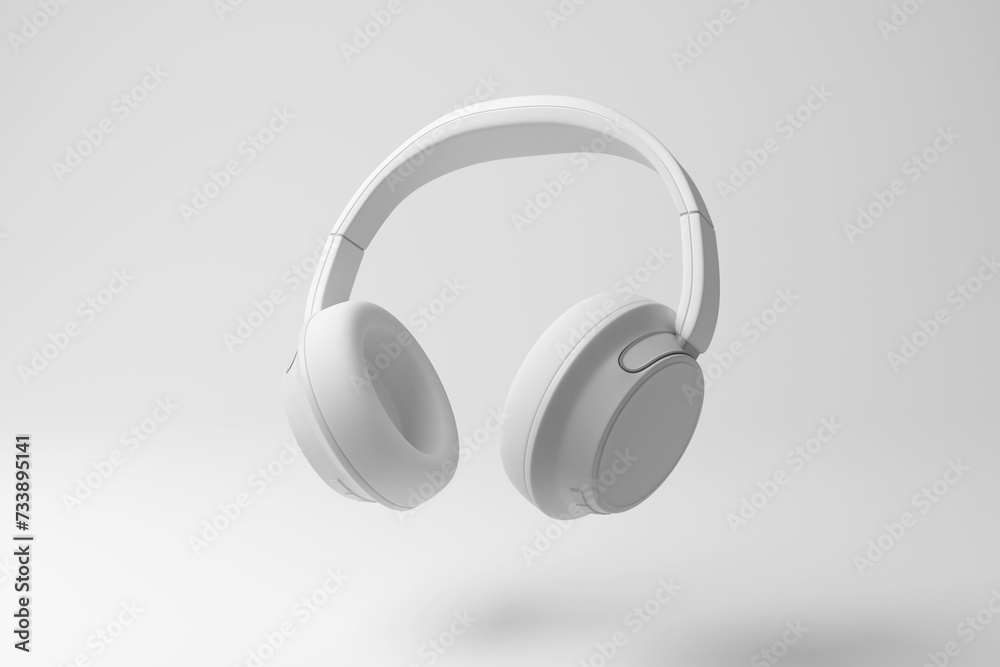 White headphones floating in mid air on white background in monochrome and minimalism. Illustration of the concept of music - obrazy, fototapety, plakaty 