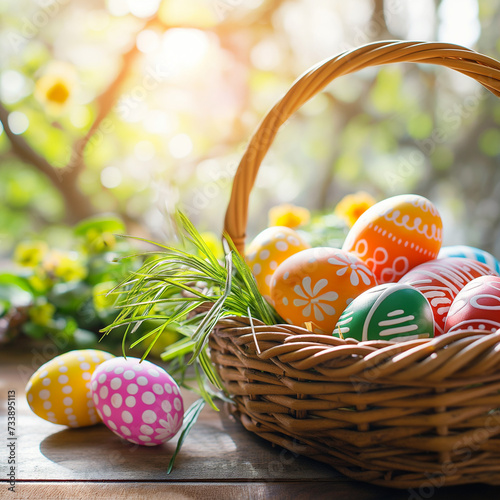 Easter eggs in basket with grass