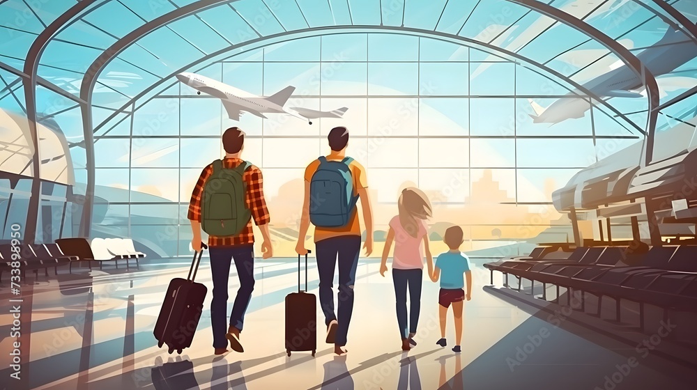 Family with kids and backpacks walk in airport or station hall. Budget travel, vacation, holiday, trip, journey, flight