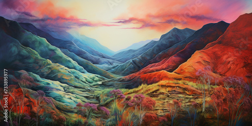 Paintings of mountains and trees and beautiful scenery. Many color tones according to the shadows and light.