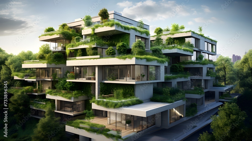 Modern white residential building with green plant walls. Sustainable living, ecology and green urban environment concept