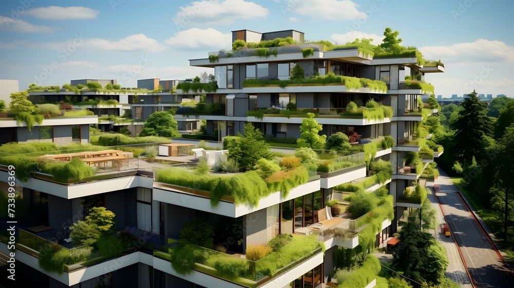 Modern white residential building with green plant walls. Sustainable living, ecology and green urban environment concept