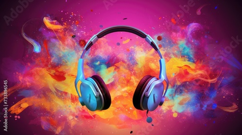 World music day banner with headset headphones on abstract colorful dust background. Music day event and musical instruments colorful design, Generative Ai photo