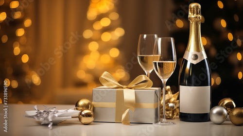 champagne bottle and glasses on christmas background