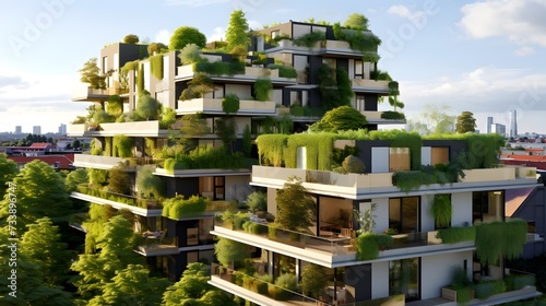 Modern white residential building with green plant walls. Sustainable living, ecology and green urban environment concept