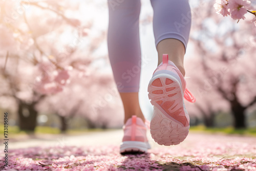 Close up of woman's feet with sport shoes jogging in park with pink spring cherry blossom flowers