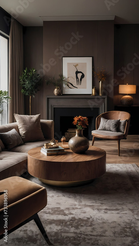 The elegance of a contemporary apartment interior, emphasizing a cozy comfort design with earth-tone color schemes and exquisite finishing touches. 