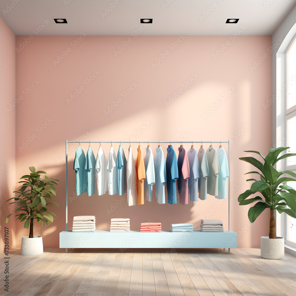 Interior of minimalist clothing store, showroom. T-shirt clothes hanging on rack. Store room with clothes to choose from. Photo ai Interior of minimalist clothing store, showroom. T-shirt clothes hanging on rack. Store room with clothes to choose from. Photo ai