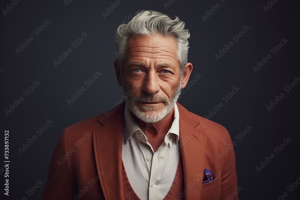 Portrait of a handsome senior man with grey hair in a red jacket.