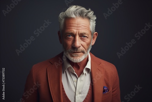 Portrait of a handsome senior man with grey hair in a red jacket. © Iigo