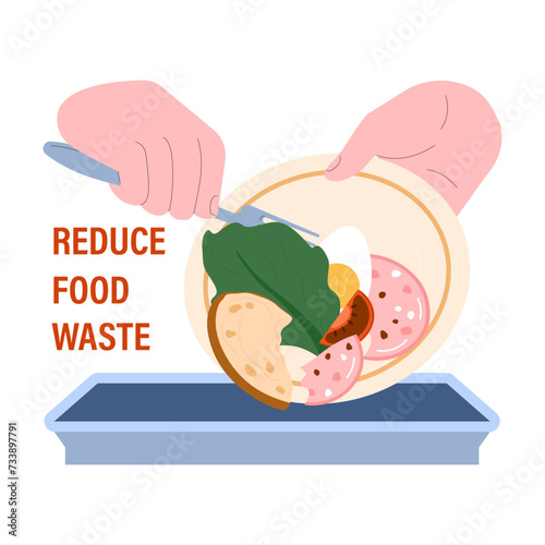 Leftovers. Sustainable cooking, repurpose nextovers to reduce food waste. Unfinished food on a plate. Meal conservation. Flat vector illustration.