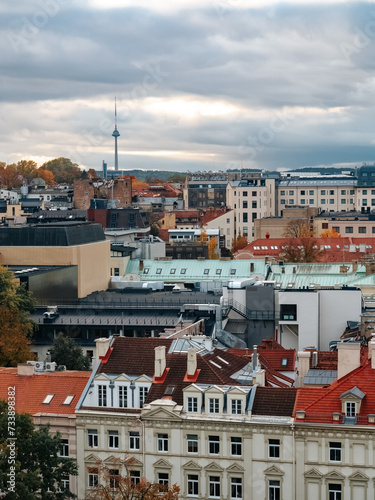 Rooftops of houses on Gediminas Avenue, view of the TV tower in Vilnius