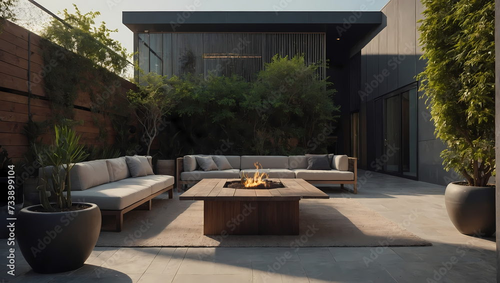 The elegance of an unoccupied outdoor space, featuring minimal design elements and potted plants.