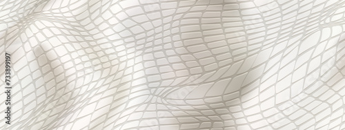 Noble white leather with reptile embossing in a seamless pattern. Top view of crocodile leatherette texture. Patent faux leather bg. Dermantine background. PVC material