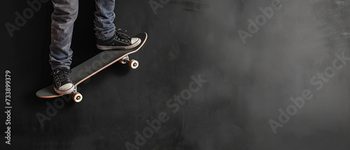 Legs of a young person playing skateboard against a rough black-gray wall background, copy space. photo