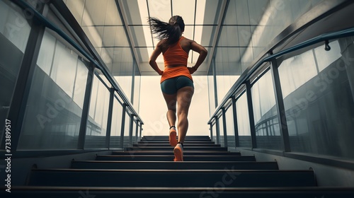 Woman running up the stairs, interval training. 