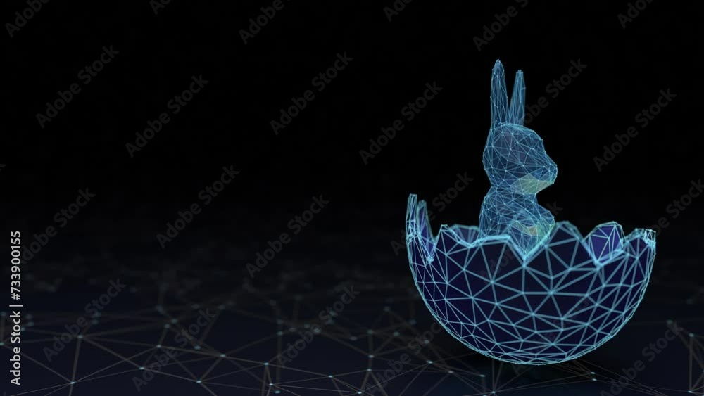 A modern Easter backdrop with a plexus rabbit emerging from an egg, tailored for the tech and programming sectors.High-tech Easter theme background, showcasing a rabbit in an egg in plexus 
