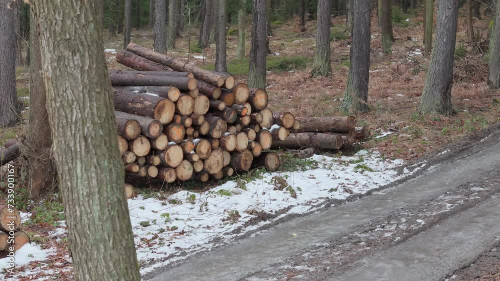 Forest road lined with short log stacks, cut for removal against a wintry backdrop of snow and ice.