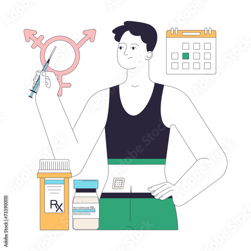 Gender transition hormonal therapy. Lifelong hormone treatments for gender affirmation. Regular medical care and personal journey. Flat vector illustration.