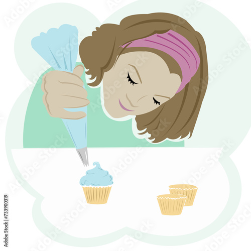 a woman decorates cupcakes with cream.. 