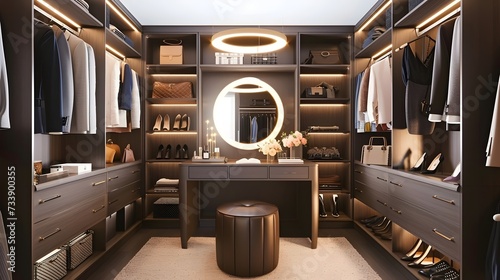 Elegant Walk-In Closet with Illuminated Vanity Mirror