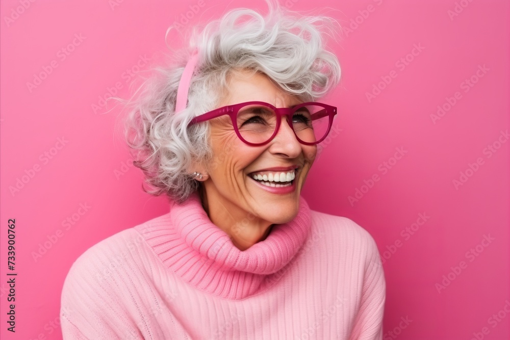 Portrait of a happy senior woman with pink glasses over pink background