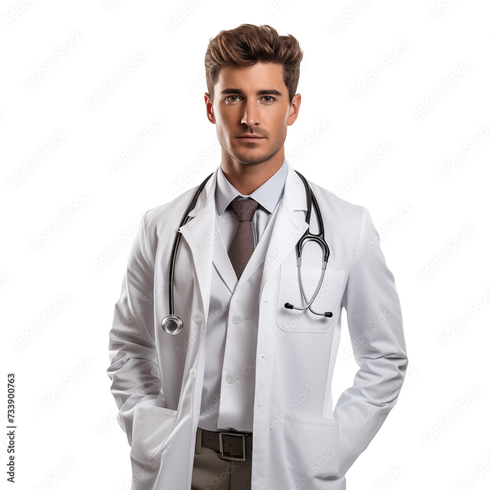 Male Doctor with Stethoscope isolated on white and transparent background. Ideal for use in advertising. Generative ai Male Doctor with Stethoscope isolated on white and transparent background. Ideal for use in advertising. Generative ai