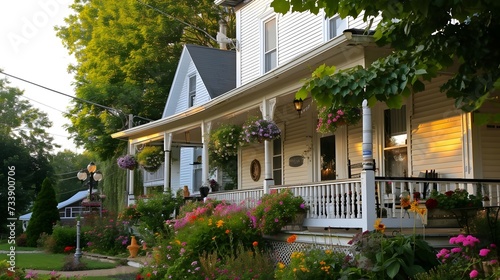 Charming House with Flowering Garden at Dusk