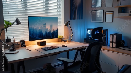 Modern Home Office Setup with Computer and Decor photo