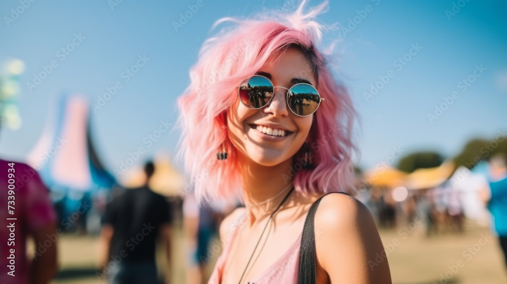 A free spirit happy content woman at a fair
