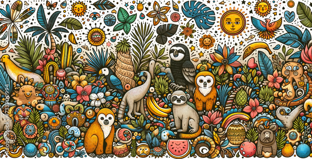 A decorative horizontal background or cute exotic animals, plants, fruits, and symbols