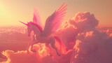 a beautiful flying horse with wings pink pegasus. winged divine stallion mythical creature from greek mythology. high in the beautiful sky at sunset in the clouds
