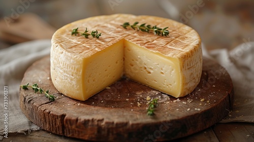 Swiss cheese with fresh herbs on a rustic wooden board