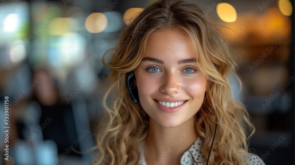 Portrait of young businesswoman with headset looking at camera in office