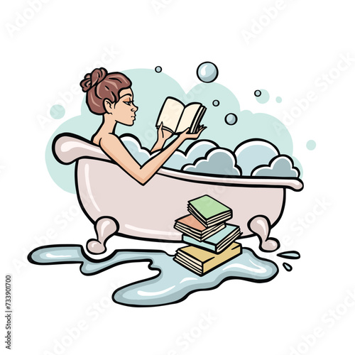 Relaxed woman taking bath reading vector art. Female lying in foam bubbles holding journal isolated on white. blue bathtub. woman body care.