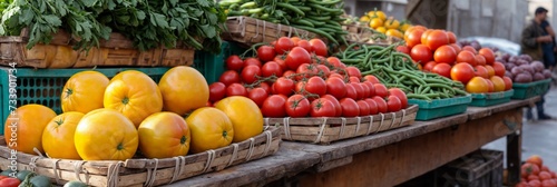 Early morning in a bustling city market, vendors setting up, vibrant colors of fruits and vegetables