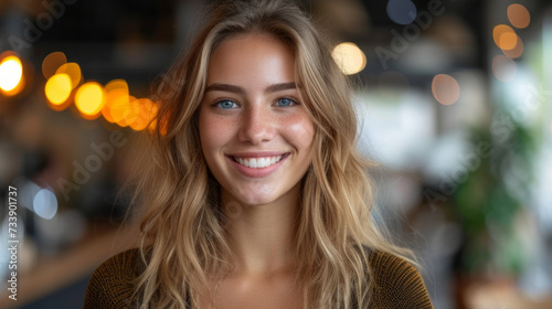 Portrait of beautiful young woman with blond hair smiling and looking at camera in cafe © AS Photo Family