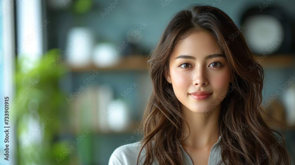 Portrait of beautiful young asian woman looking at camera.