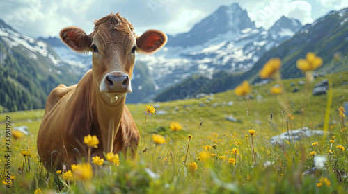 Cow on the mountains and meadow background, spring time